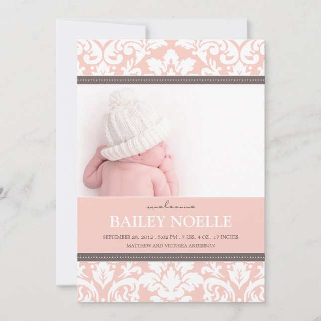 FAIRE-PART BÉBÉ DAMASSÉ ROSE | ANNONCE DE NAISSANCE (Devant)