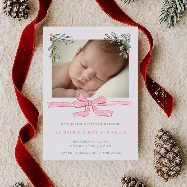 Faire-part Bébé de Noël avec feuillage et nœud rose (Créateur téléchargé)