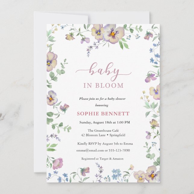 Faire-part bébé en fleurs aquarelle  floral  Viola (Devant)
