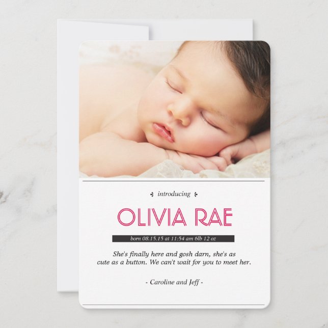 Faire-part bébé en noir, blanc et rose (Devant)