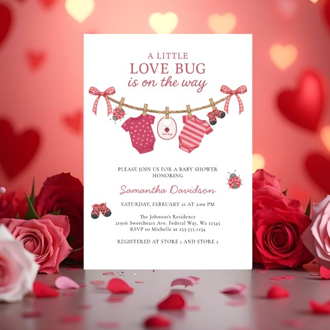 Faire-Part Bébé Fête de Naissance Little Love Bug (Little Love Bug Clothesline Baby Shower Invitation)