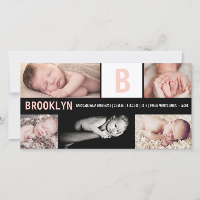 Faire-part Bébé Fille Gros Rose Initiale 5 Photo Collage Nais (Devant)