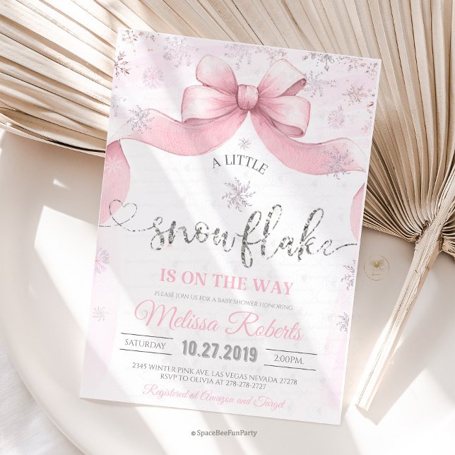 Faire-part bébé Flocon de neige avec noeud  (snowflake girl, winter baby shower, baby girl shower, winter fairy baby, snow baby shower)