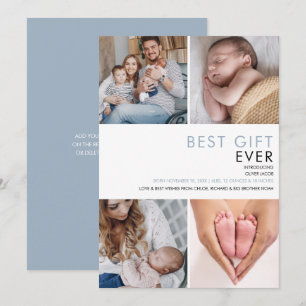 Faire-part Bébé garçon bleu poussiéreux moderne 4 Photo Naiss
