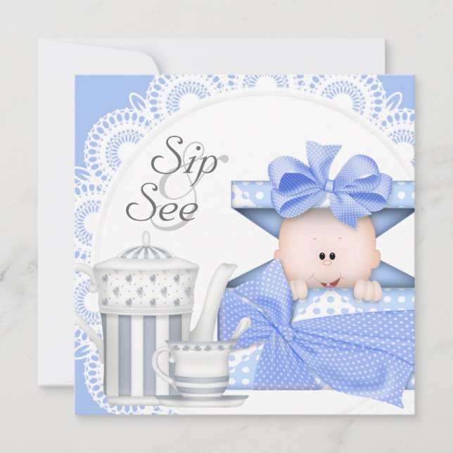 Faire-part Bébé Garçon Gris Bleu Sip And See (Devant)