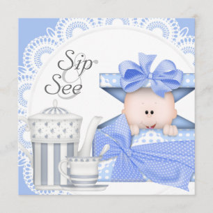 Faire-part Bébé Garçon Gris Bleu Sip And See