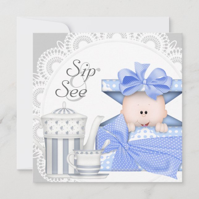 Faire-part Bébé Garçon Gris Bleu Sip And See (Devant)