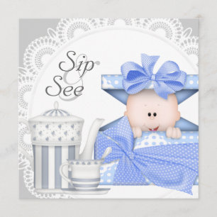 Faire-part Bébé Garçon Gris Bleu Sip And See