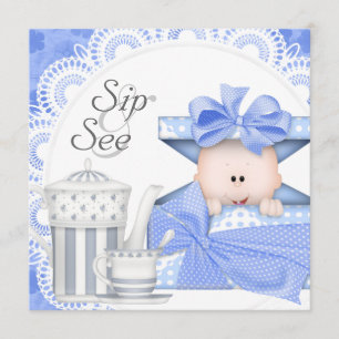 Faire-part Bébé Garçon Gris Bleu Sip And See