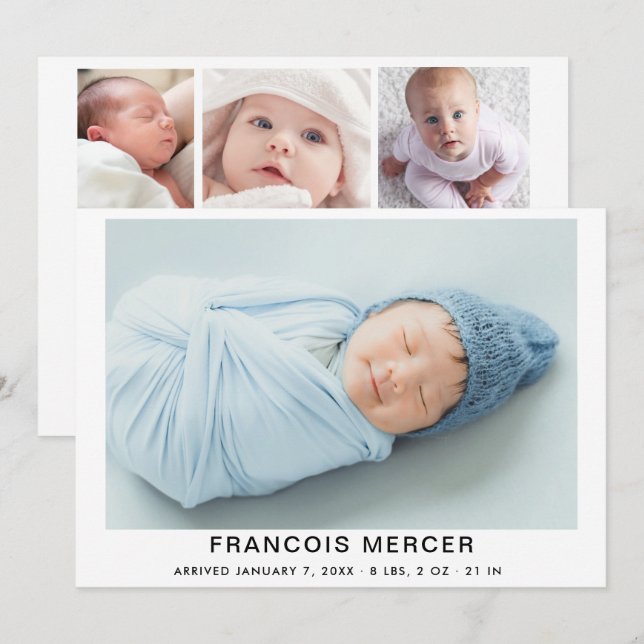 Faire-part Bébé garçon photo collage de naissance (Devant / Derrière)