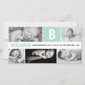 Faire-part Bébé Grand Initial 5 Multi Photo Vert Menthe Naiss