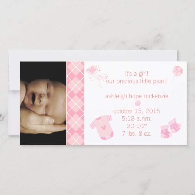 Faire-part Bébé Jacquard rose - C'est une fille - Notre Préci (Devant)