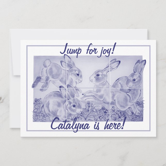Faire-part Bébé mignon fille ou lapin garçon Art personnalisé (Devant)