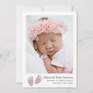 Faire-part Bébé mignon Fille rose Nouveau-né Empreinte Photo 