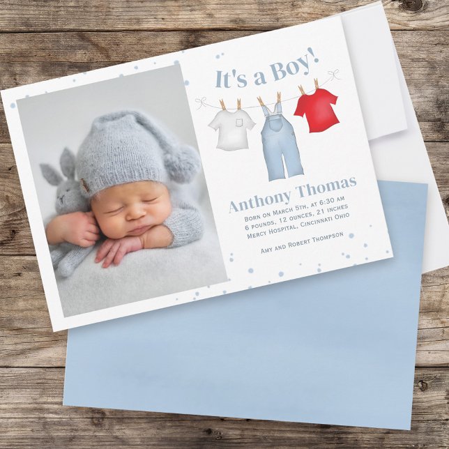 Faire-part Bébé mignon Garçon Whimsical Simple Denim Bleu Vêt (Créateur téléchargé)