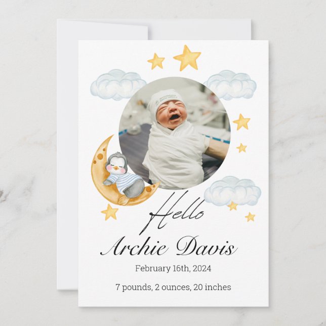 Faire-part bébé mignonne avec un pingouin bébé (Devant)