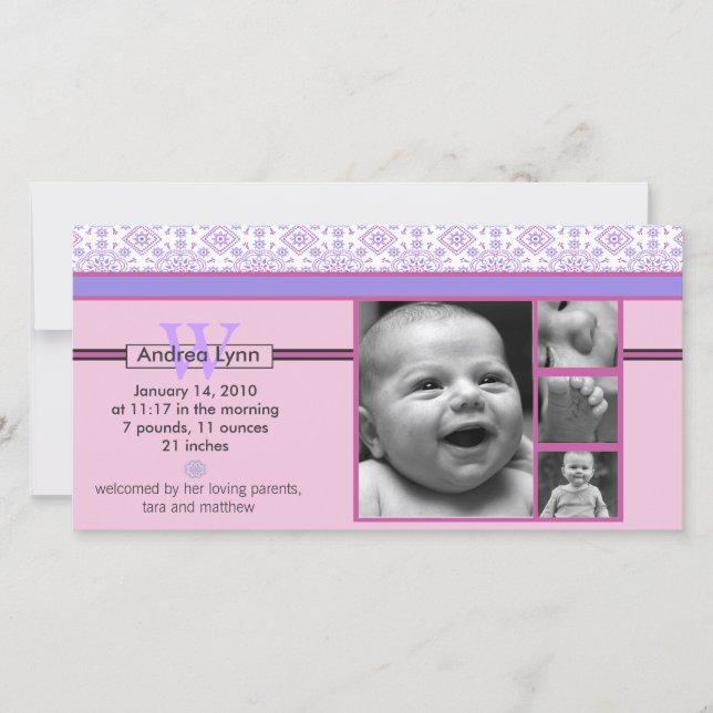 faire-part bébé motif de bandana rose et violet (Devant)