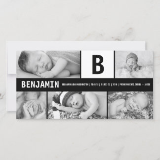 Faire-part Bébé noir et blanc Monogramme 5 Photo Naissance Mo
