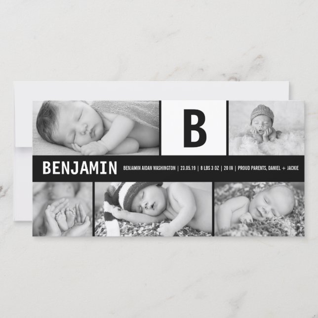 Faire-part Bébé noir et blanc Monogramme 5 Photo Naissance Mo (Devant)