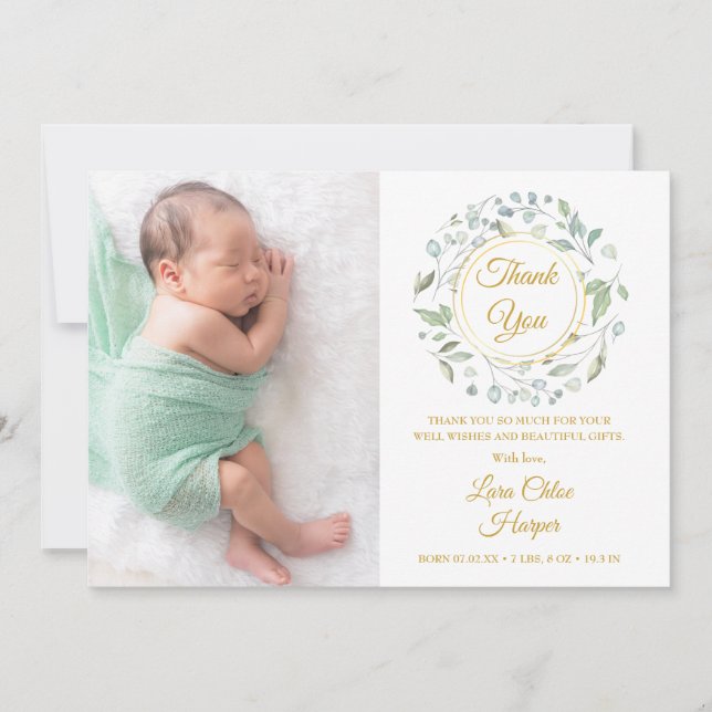 Faire-part Bébé Photo Or Merci Vert Floral Naissance (Devant)