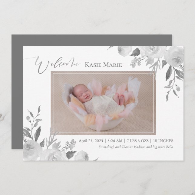 Faire-part Bébé Photo Printemps Élégant Floral Grey (Devant / Derrière)