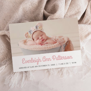 Faire-part Bébé rose blanc fille personnalisée Photo Retro Na