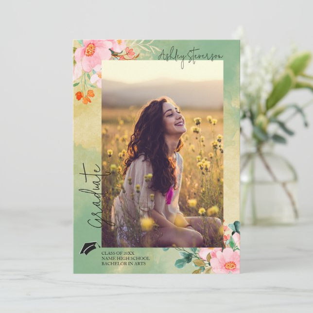 Faire-part Beown rose aquarelle fleurie graduation botanique (Debout devant)