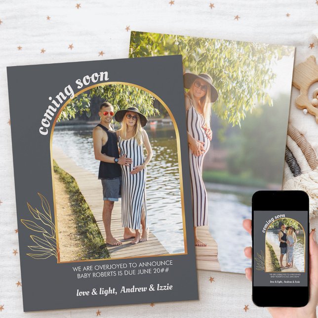 Faire-part Bientôt Arc d'or 2 Photo Grossesse gris (Créateur téléchargé)