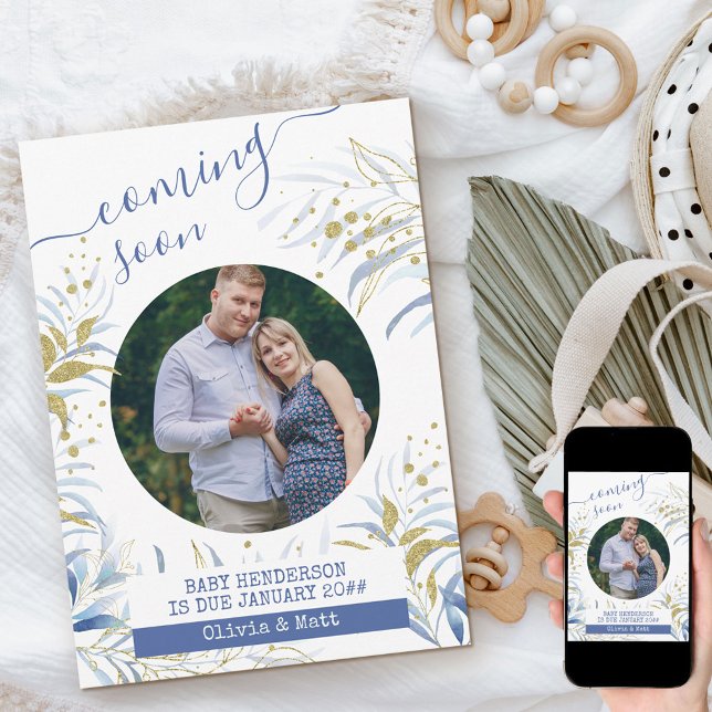 Faire-part Bientôt Maternité Photo Élégant Bleu Foliage (Créateur téléchargé)