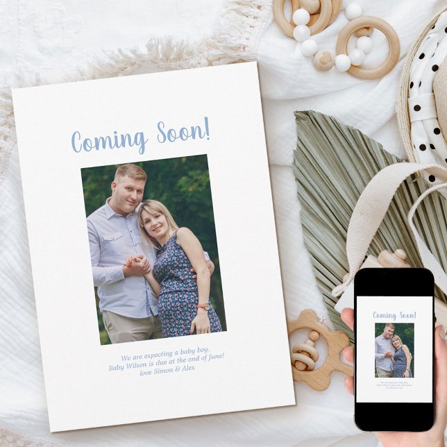 Faire-part Bientôt Photo Bleu Brush Script Grossesse (Créateur téléchargé)