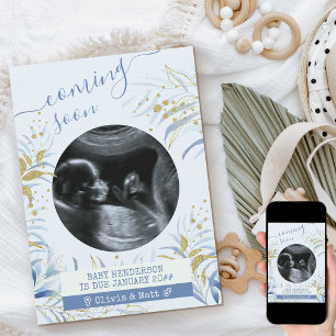 Faire-part Bientôt Ultrasound Photo Blue Gold Foliage