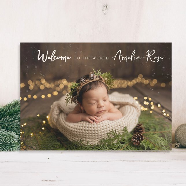 Faire-part Bienvenue à World Calligraphy Elégant Photo Baby (baby announcement card modern calligraphy welcome to the world simple elegant classy rustic)