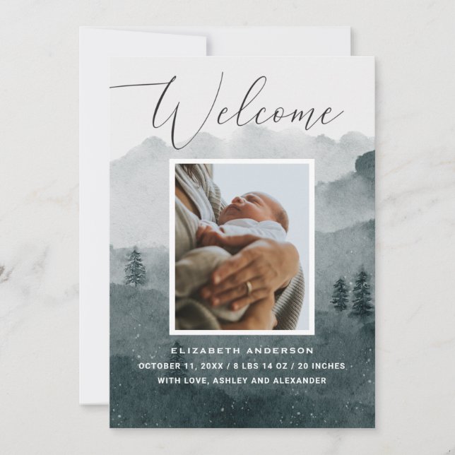 Faire-part Bienvenue . Aquarelle bois hiver naissance bébé (Devant)