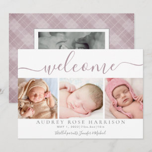 Faire-part Bienvenue Bébé Fille Collage Photo Mauve Poussiére
