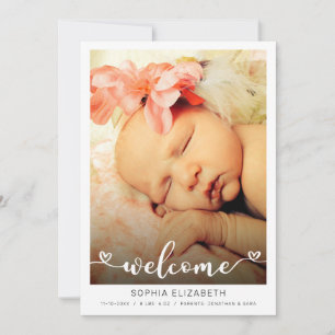 Faire-part Bienvenue Calligraphie Bébé Fille Coeurs Photo