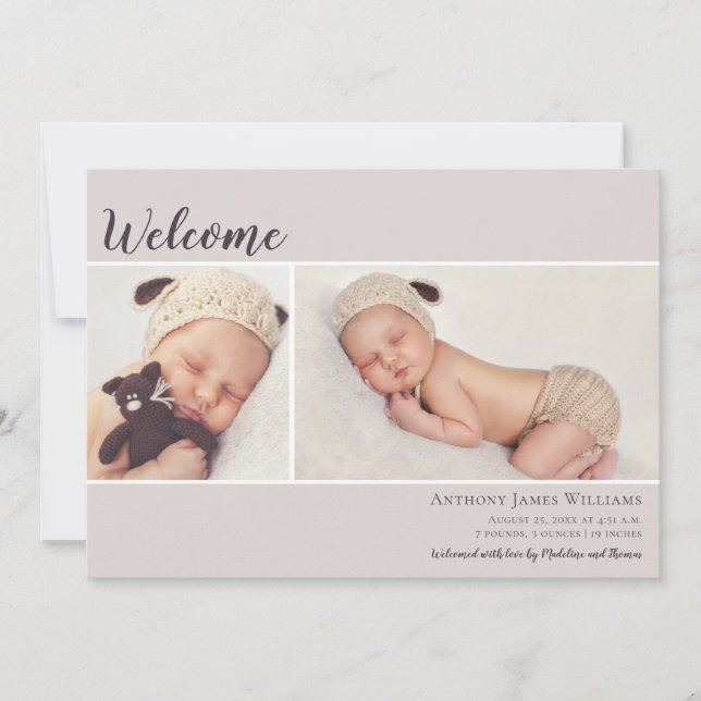 Faire-part Bienvenue Deux Photo Ecru Baby (Devant)