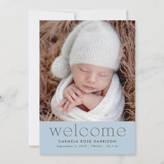 Faire-part Bienvenue moderne bébé photo bleu naissance (Devant)