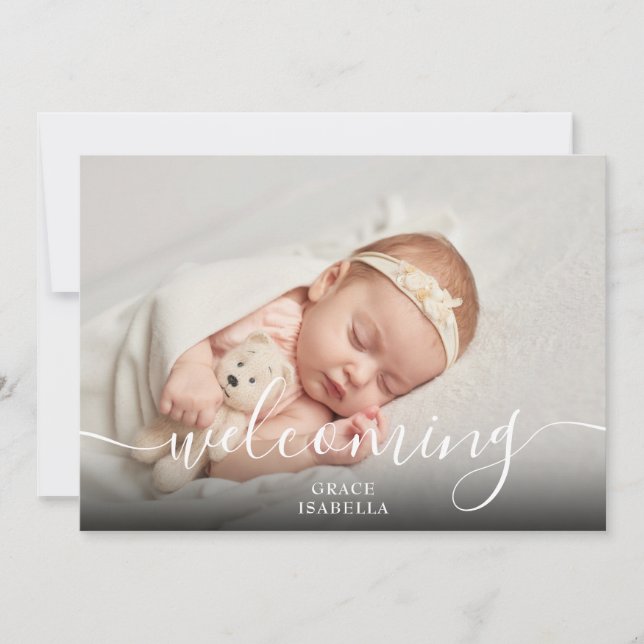 Faire-part Bienvenue Script bébé fille rose photo naissance (Devant)