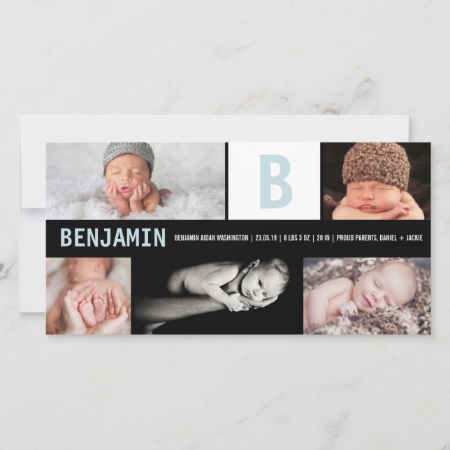 Faire-part Big Initial Blue Baby Boy Monogramme 5 Photo Birth (Devant)