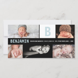 Faire-part Big Initial Blue Baby Boy Monogramme 5 Photo Birth