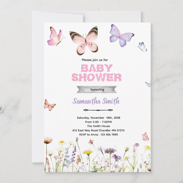 Faire-part Bisous de Papillon et Vœux de Bébé (Devant)