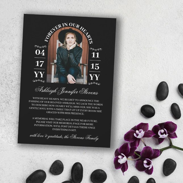 Faire-part Black Arch Photo À jamais dans nos cœurs Mort (Créateur téléchargé)