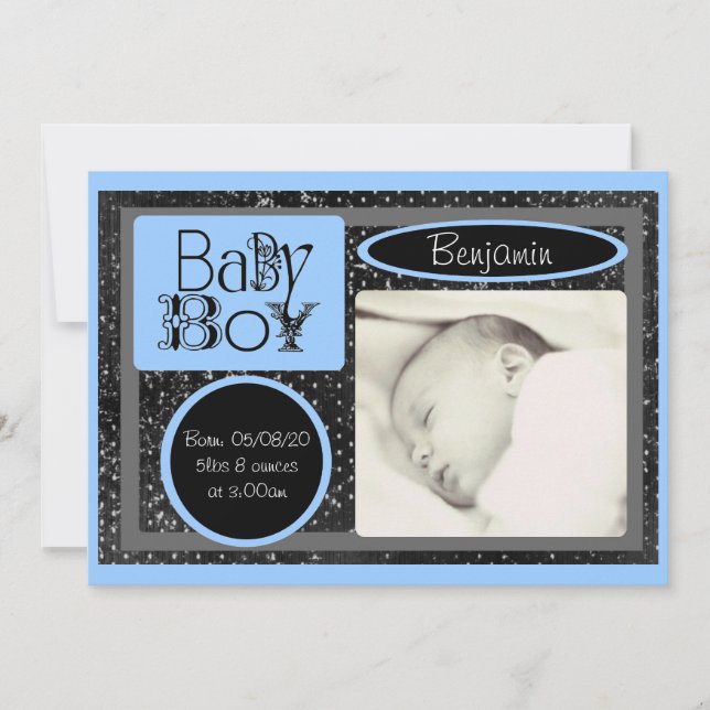 Faire-part Black blue white baby annonces (Devant)