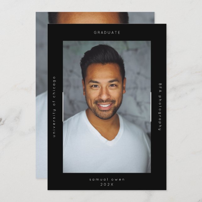 Faire-part Black Minimalisme Portrait Université de photo (Devant / Derrière)