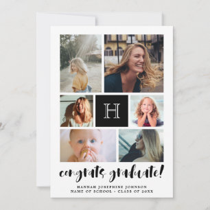 Faire-part Black Monogramme Photo Collage Félicats Diplômé