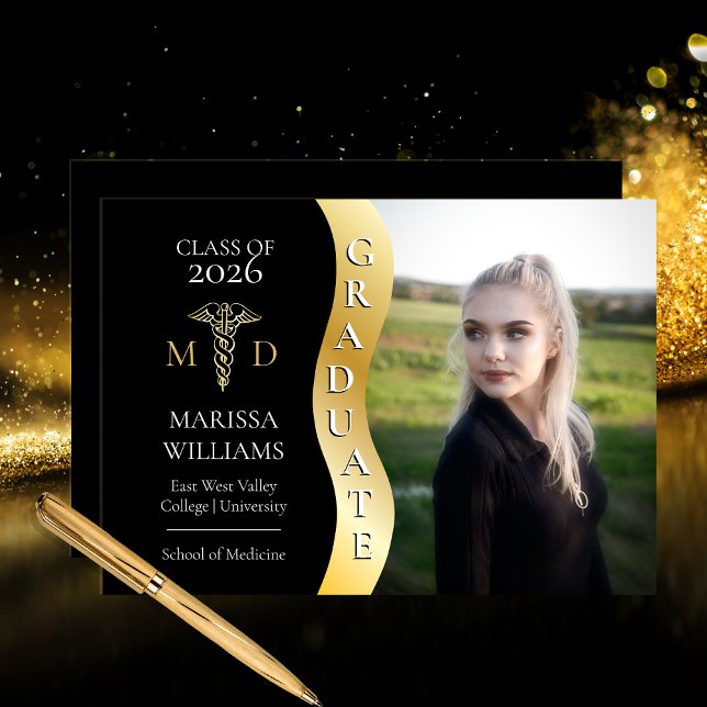 Faire-part Black | Or Diplômé Vague Caducée MD Diplômé de l'É (Black and Gold Tone Graduate Wave Caduceus MD Medical Graduate Grad Announcement -- Print | Digital )