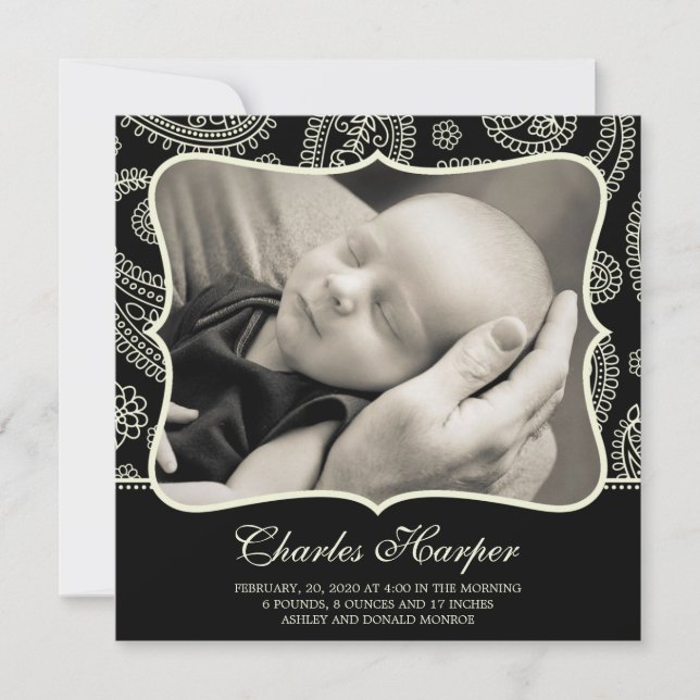 Faire-part Black Paisley Annonces de naissance occidentale (Devant)
