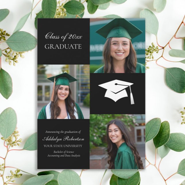 Faire-part Black White College University Photo Graduation (Elegant black 3-photo graduation announcement)