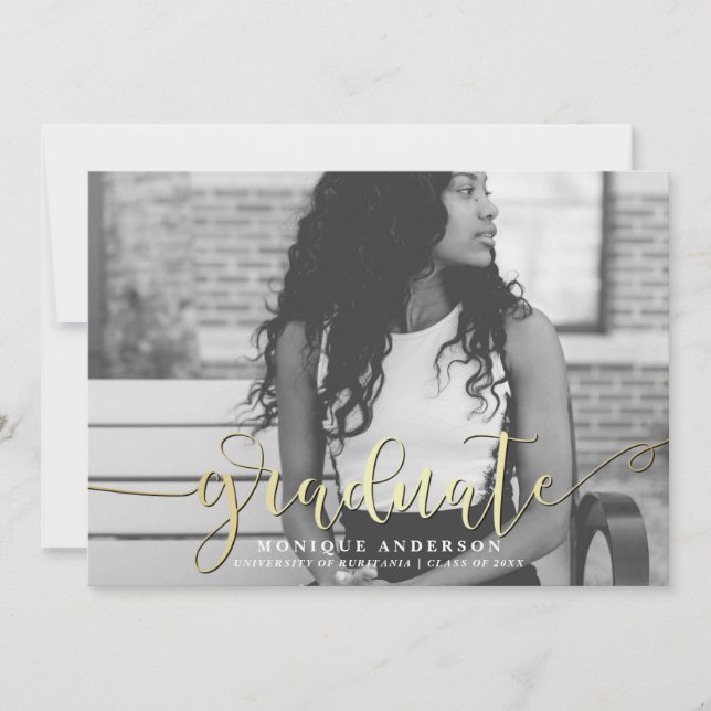 Faire-part Black White & Gold Script & Stripes Graduate Photo (Devant)