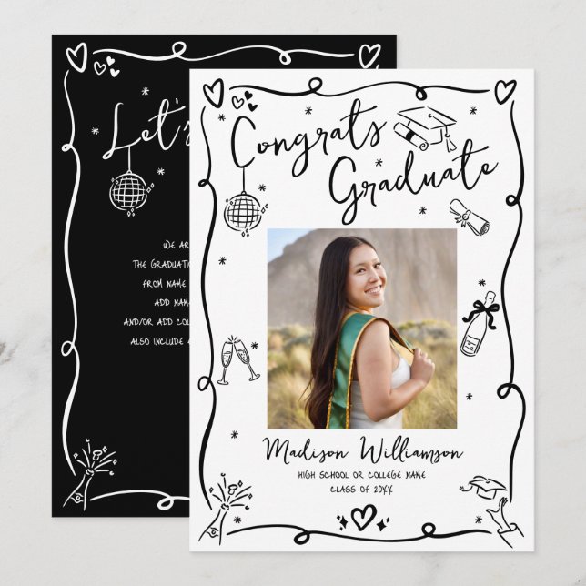 Faire-part Black White Hand Drawn Doodles Graduation Photo (Devant / Derrière)